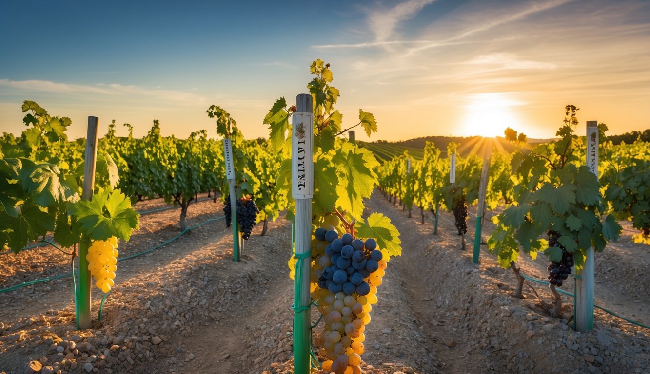 A vineyard with ten distinct grape varieties growing, each labeled with a unique wine brand. Sunrise casts a warm glow over the scene