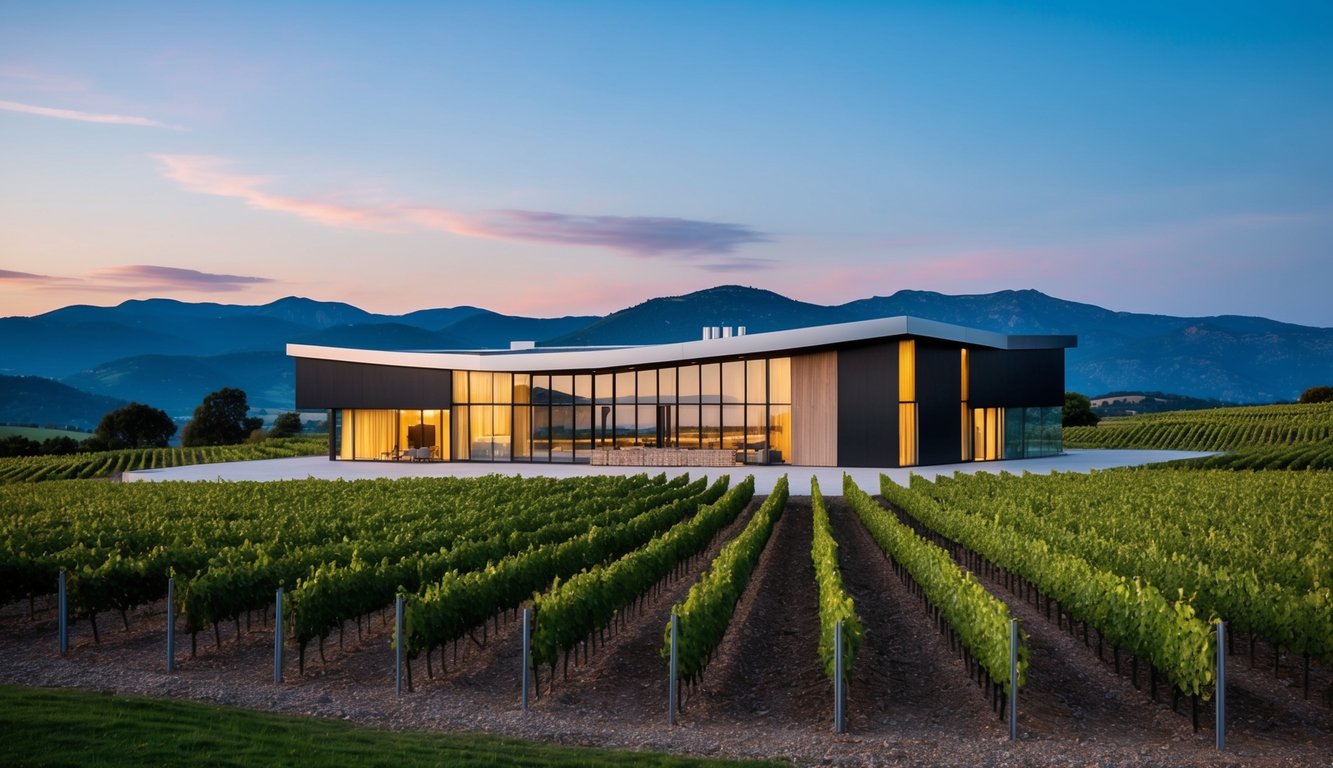 A sleek, modern winery in the Spanish countryside, surrounded by rolling vineyards and set against a backdrop of blue mountains