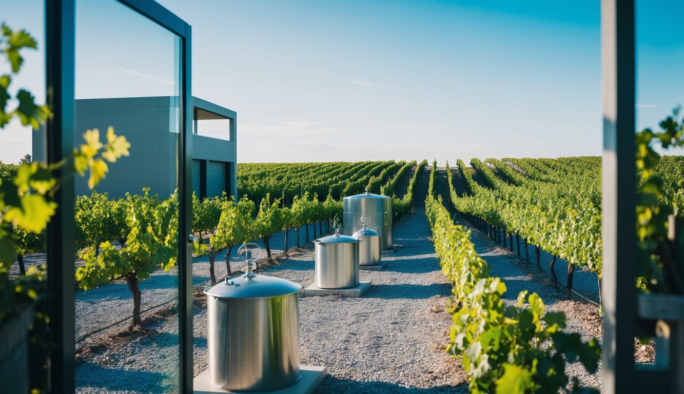 Vineyards with sleek, minimalist architecture blend with traditional winemaking equipment, under a clear blue sky