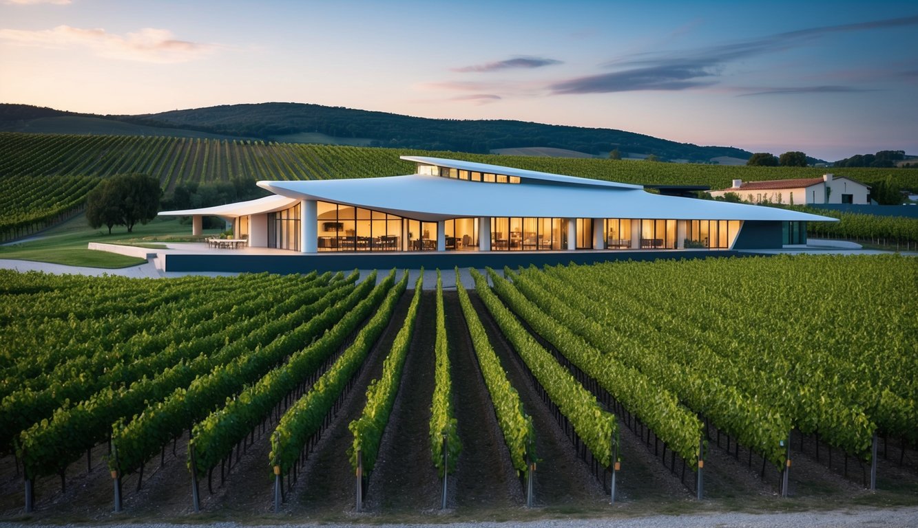 A sleek, futuristic winery nestled among rolling vineyards, blending modern architecture with traditional French charm