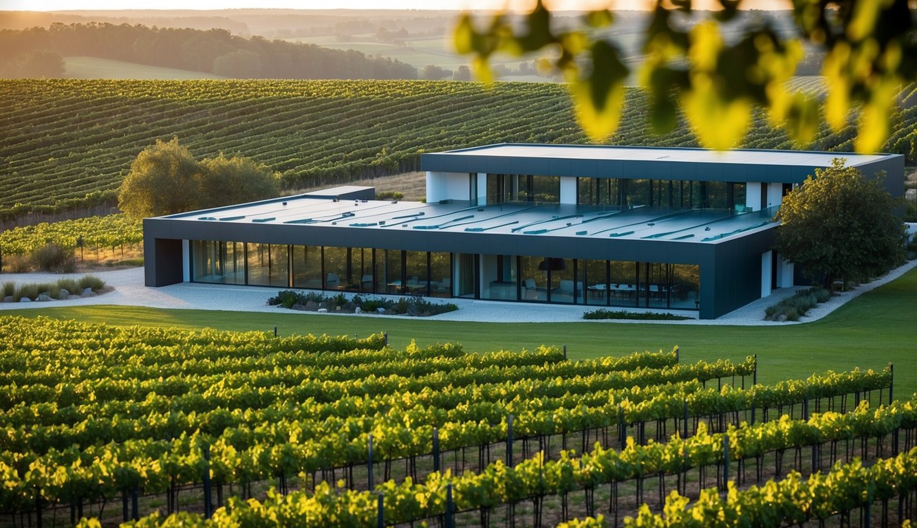 A sleek, modern winery nestled among rolling vineyards in Château Margaux, France. Contemporary architecture and innovative design blend seamlessly with traditional winemaking practices