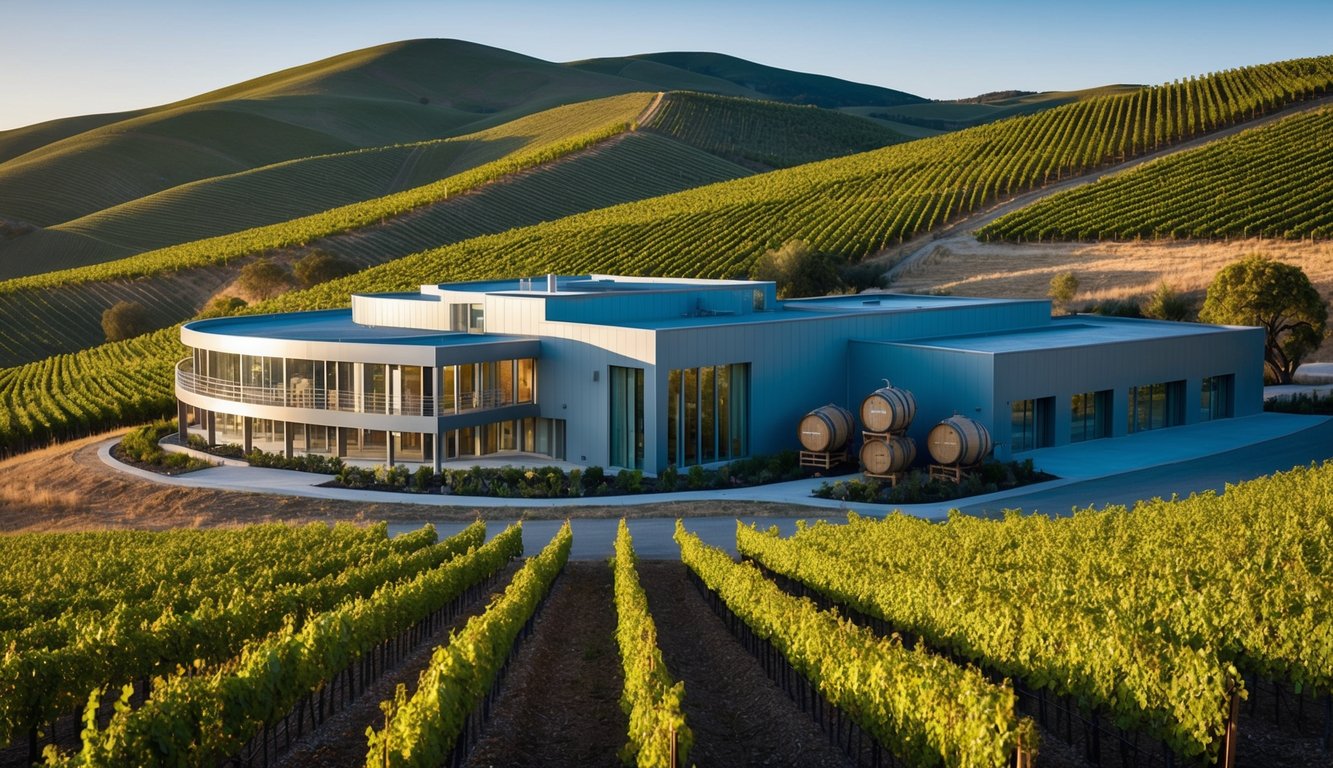 A modern winery nestled among rolling hills, its sleek architecture blending seamlessly with the surrounding traditional vineyards. A state-of-the-art production facility sits alongside ancient oak barrels, symbolizing the harmonious marriage of tradition and innovation