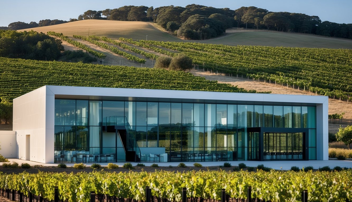 A sleek, glass-walled winery set against rolling vineyards, with clean lines and modern architecture blending seamlessly with traditional wine-making elements