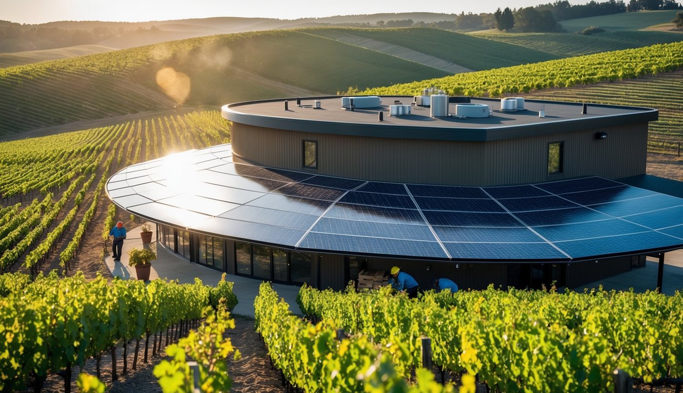 A modern winery nestled among rolling vineyards, with solar panels glistening in the sun and workers tending to organic grapevines