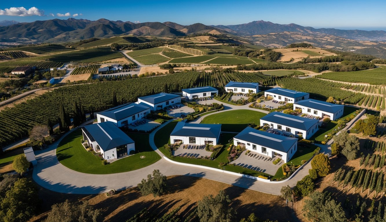 Aerial view of 7 modern wineries nestled in the scenic landscape of Concha y Toro, Chile, showcasing a blend of traditional and contemporary architectural designs