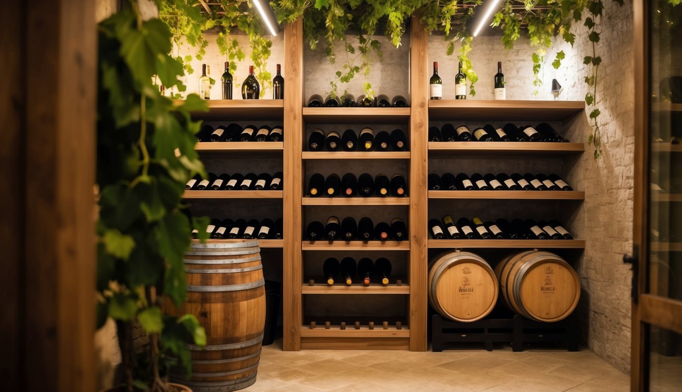 A rustic wine cellar with wooden shelves, hanging vines, and soft lighting. A wall-mounted wine rack and vintage barrels complete the cozy atmosphere