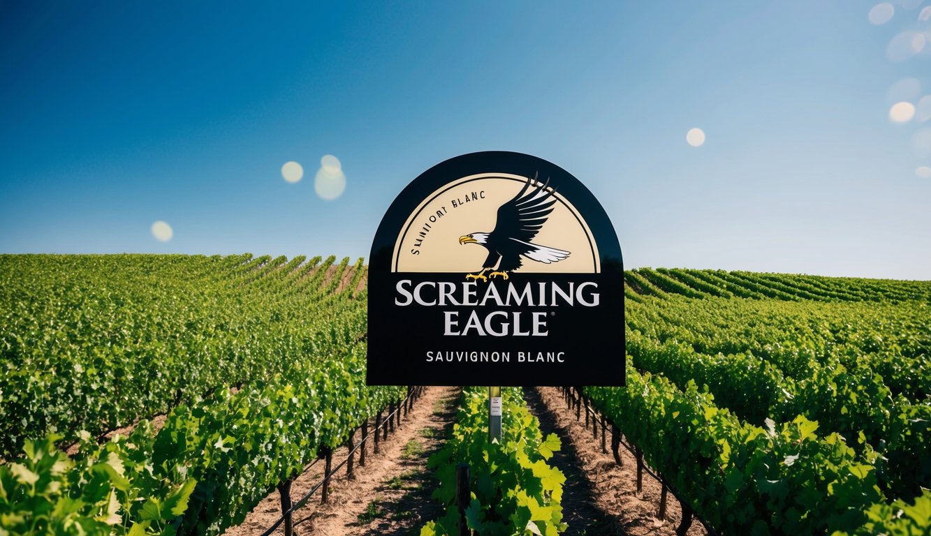 A picturesque vineyard with rows of lush green grapevines under a clear blue sky, with the Screaming Eagle Sauvignon Blanc logo displayed prominently