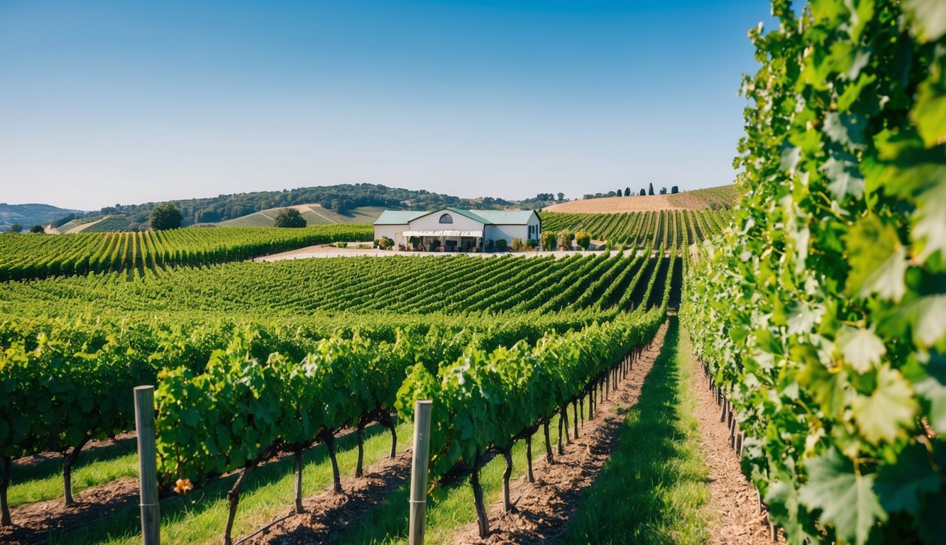 A lush vineyard landscape with rows of grapevines stretching into the distance, under a clear blue sky. A winery building sits in the background, surrounded by rolling hills