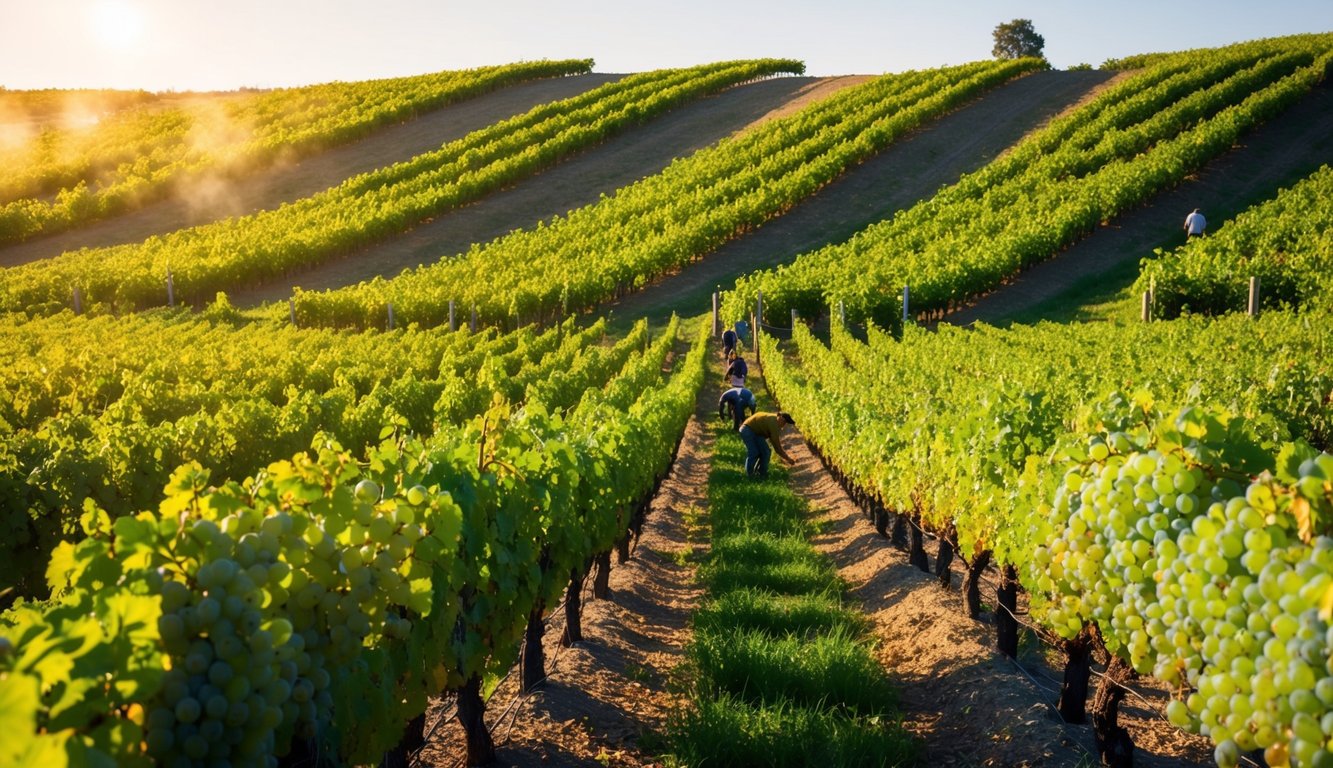 Vibrant vineyards sprawl across rolling hills, each one bursting with ripe grapes under the warm sun. The air is filled with the sweet aroma of fermentation, as workers tend to the vines