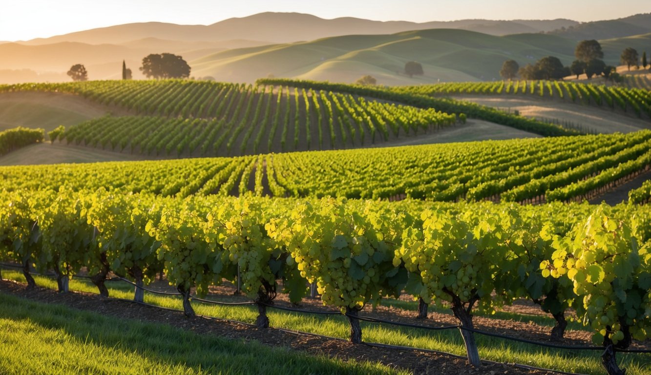 Lush vineyards spread across rolling hills, basking in the warm Napa Valley sun. Grapes hang heavy on the vines, promising outstanding wines from Opus One's 6 new vineyards