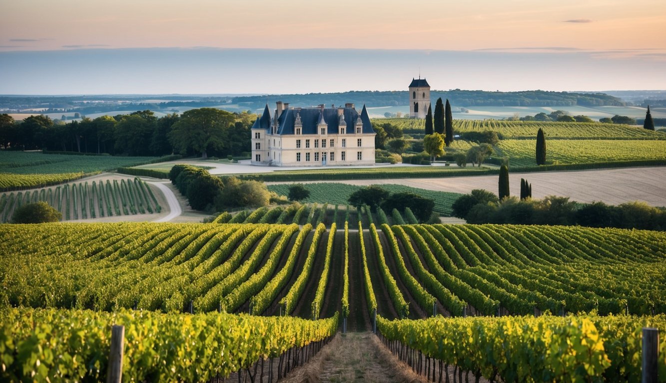 A picturesque landscape of rolling vineyards in the Bordeaux region, with the iconic Château Margaux standing proudly in the distance