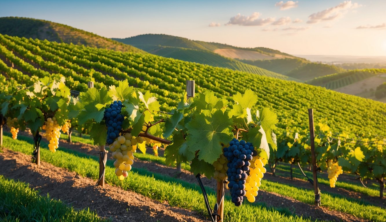 Lush vineyards sprawl across rolling hills, basking in the warm sunlight. Grapes of various colors and sizes hang from the vines, promising outstanding wines to impact the global market