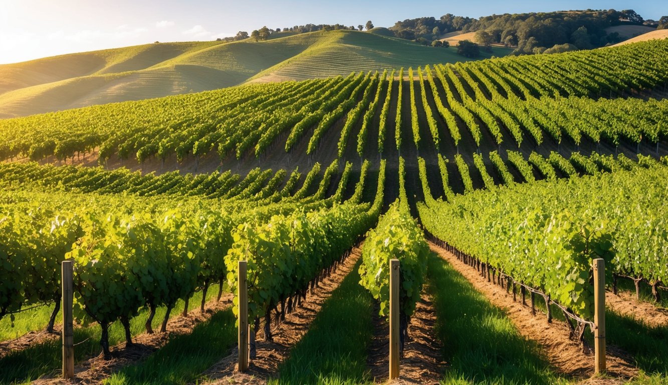 Rolling hills covered with lush green vineyards, basking in the warm sunlight. Grapes glisten in the breeze, promising outstanding wines from the six new vineyards