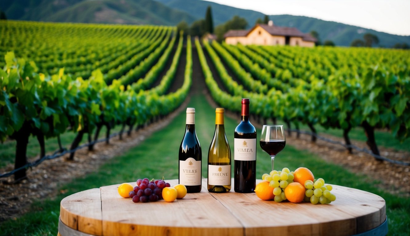 A rustic vineyard with rows of grapevines stretching into the distance, a cozy winery nestled among the hills, and a table set with bottles of handcrafted wines and fresh fruits