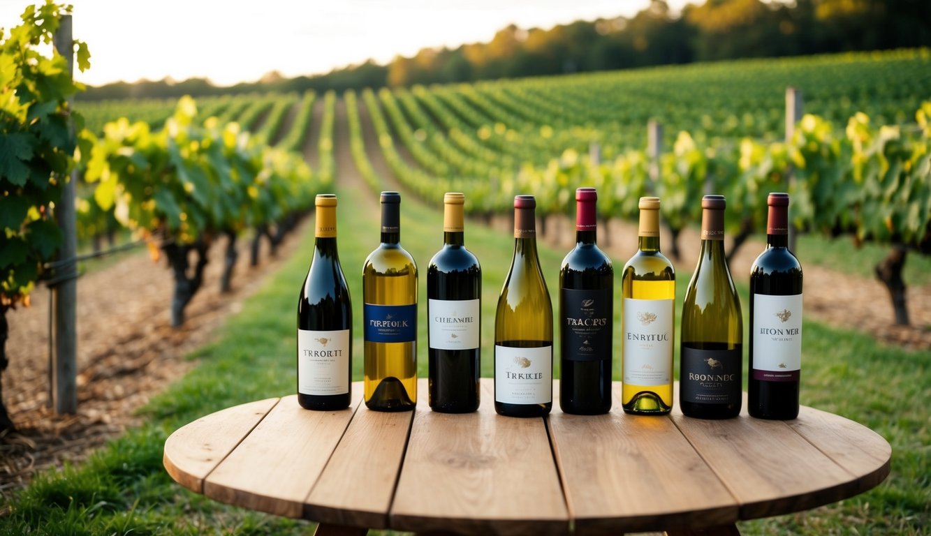 A rustic vineyard with rows of grapevines, a wooden tasting table, and a variety of wine bottles, each with a unique label and color