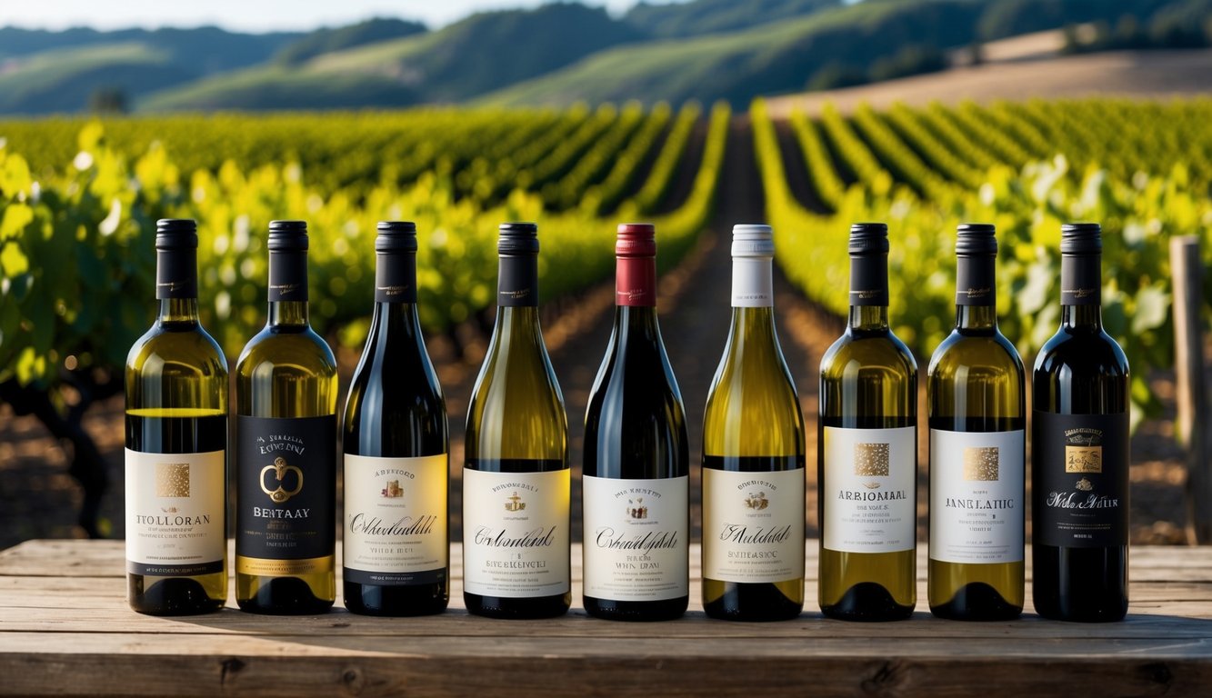 A rustic wooden table displays 10 bottles of handcrafted wine, each with a unique and authentic flavor. The labels are elegantly designed, and the scene is set against a backdrop of rolling vineyards