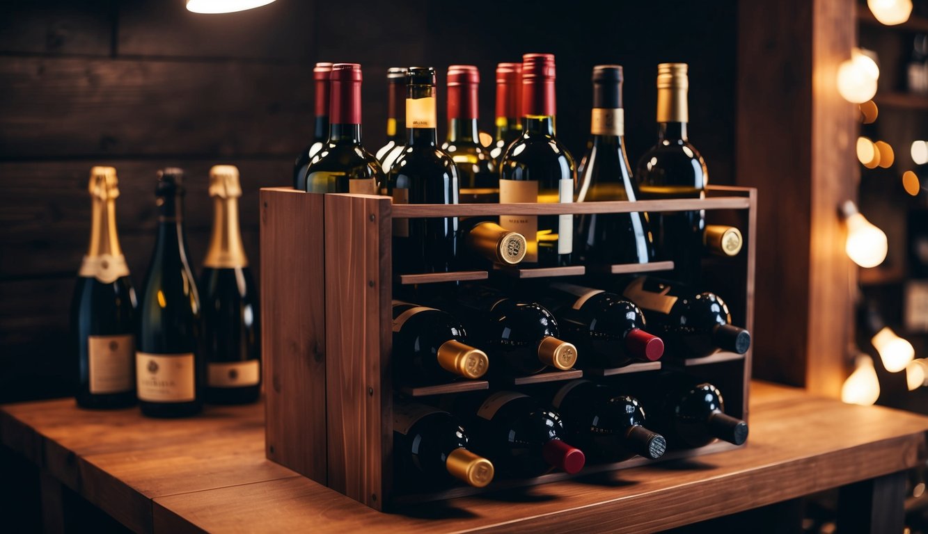 A wooden wine rack filled with various bottles, surrounded by dim lighting and rustic decor