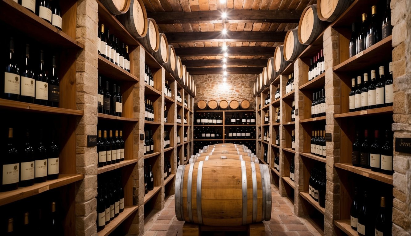 A rustic wine cellar with rows of aged wooden barrels and shelves filled with bottles of handcrafted wines from Bodegas Vega Sicilia