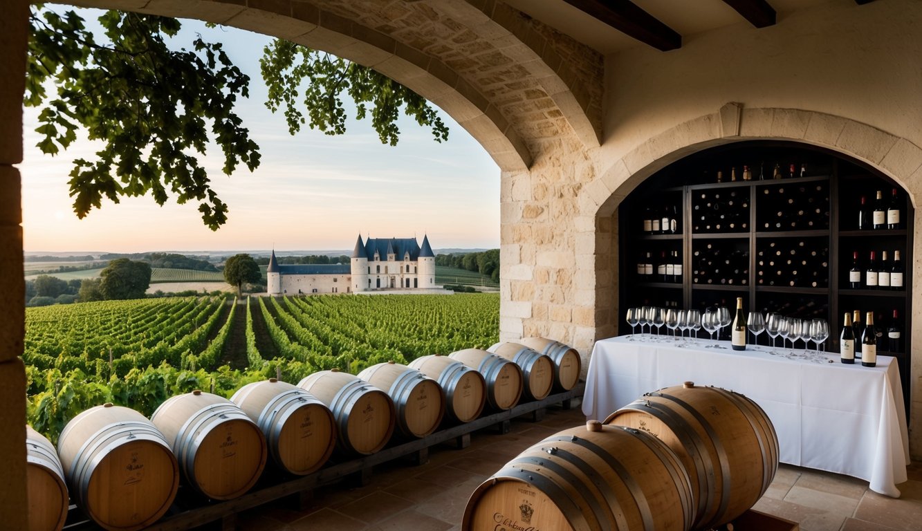 A grand château with sprawling vineyards, a cellar filled with oak barrels, and a tasting room adorned with elegant wine glasses and bottles