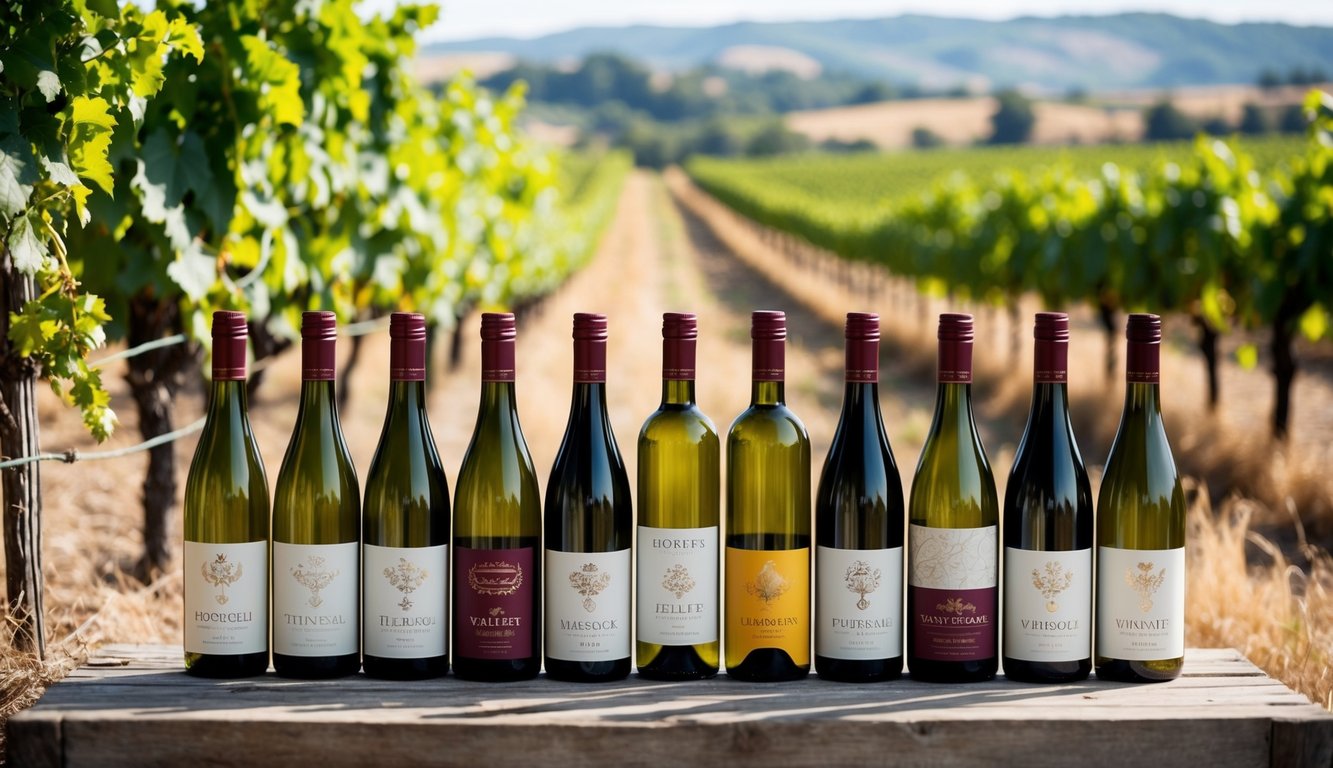 A collection of 10 handcrafted wine bottles arranged in a rustic setting, surrounded by vineyard scenery and natural elements