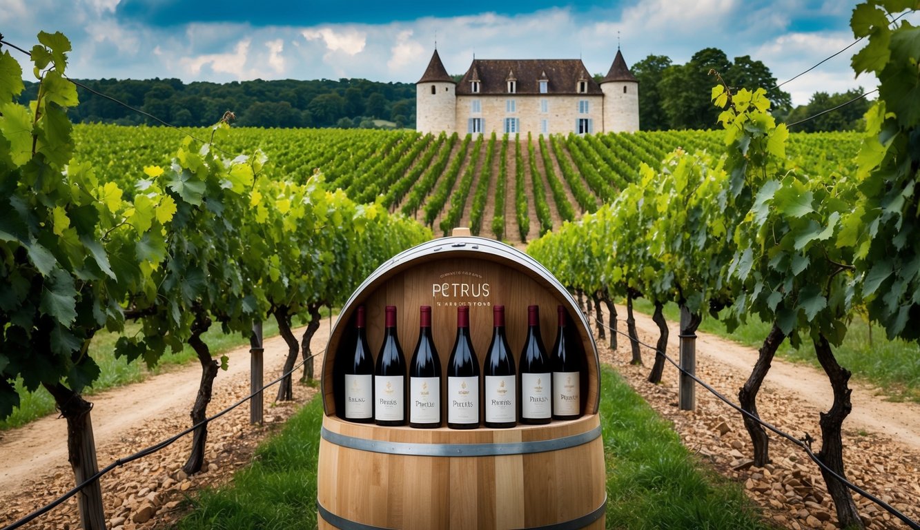 A rustic vineyard with rows of grapevines, a stone chateau, and a wooden wine barrel display showcasing Pétrus 10 handcrafted wines