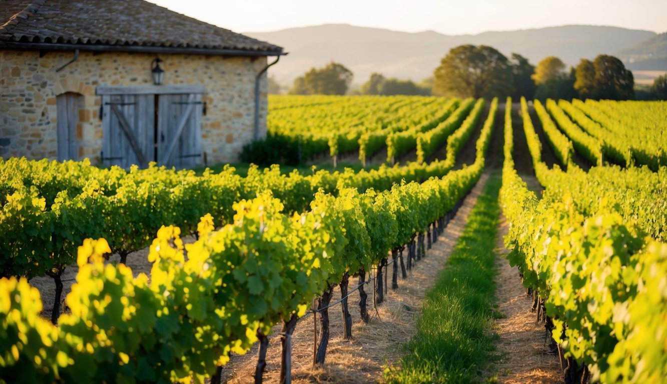 A lush vineyard with rows of grapevines stretching into the distance, bathed in golden sunlight. A rustic stone building with a weathered wooden door stands in the background