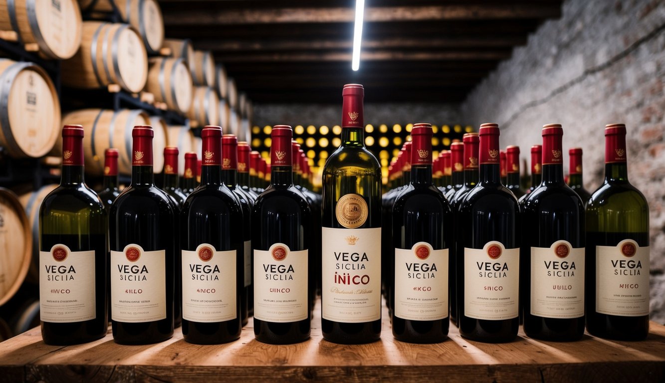 A rustic cellar filled with rows of Vega Sicilia Único wine bottles, each exuding an air of craftsmanship and authenticity through their unique flavors