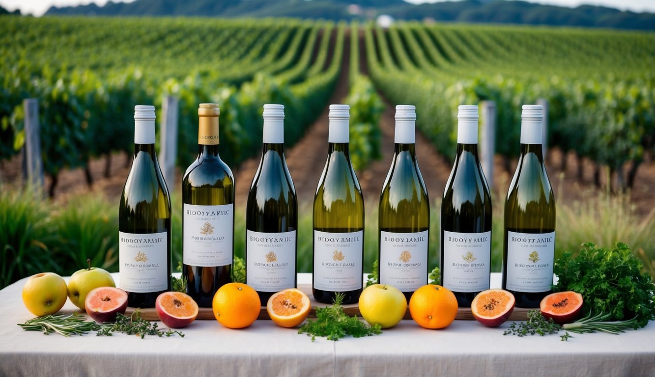 A table set with 8 bottles of biodynamic wine, surrounded by fresh fruits and herbs, with a backdrop of a lush vineyard