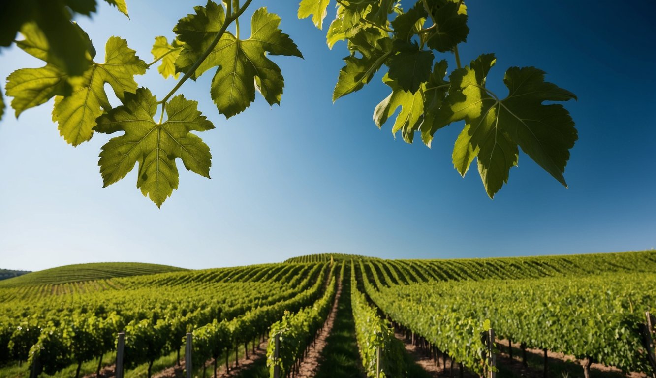 A serene vineyard with lush, organic vines stretching across the rolling hills, under a clear blue sky, with a focus on the biodynamic winemaking process