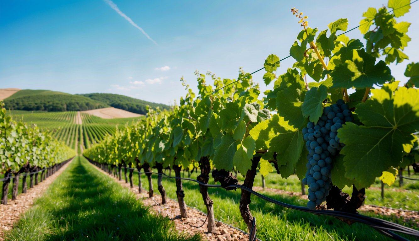 A lush vineyard with rows of biodynamic grapevines under a clear blue sky, surrounded by rolling hills and a peaceful, serene atmosphere