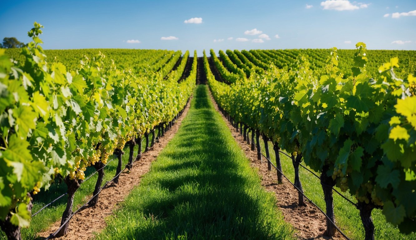 A lush vineyard with rows of vibrant, organic grapevines stretching towards the horizon under a clear blue sky