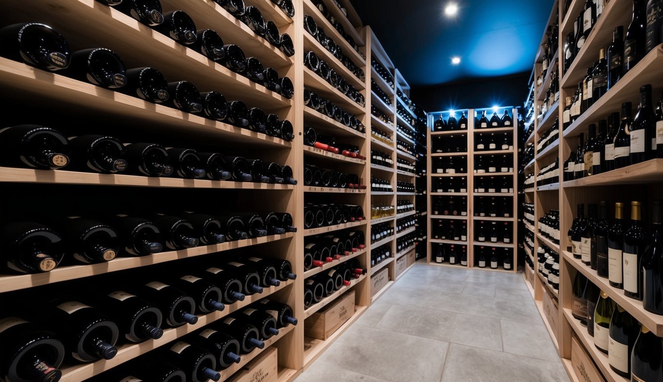 A wine cellar with neatly arranged rows of wine bottles, organized by type and vintage, with dim lighting and cool temperature