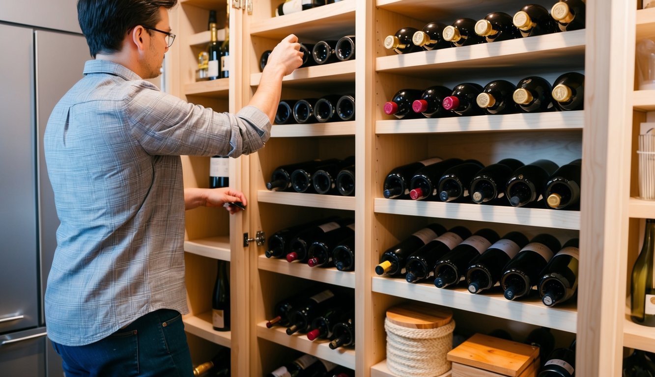 A person adding finishing touches to a DIY wine cellar, arranging bottles and organizing tools and materials