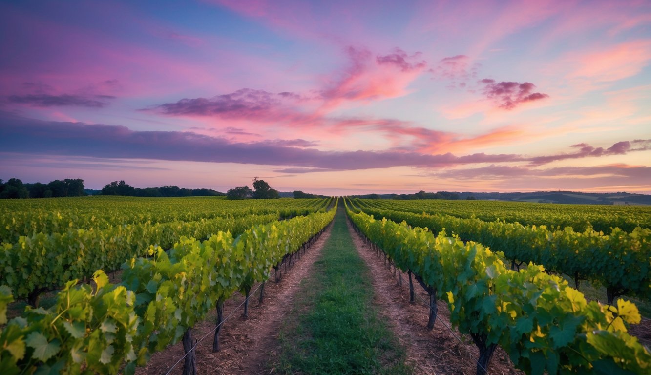 A lush vineyard at dusk, with rows of vibrant grapevines stretching toward the horizon. The sky is painted with hues of purple, pink, and orange, creating a serene and tranquil atmosphere