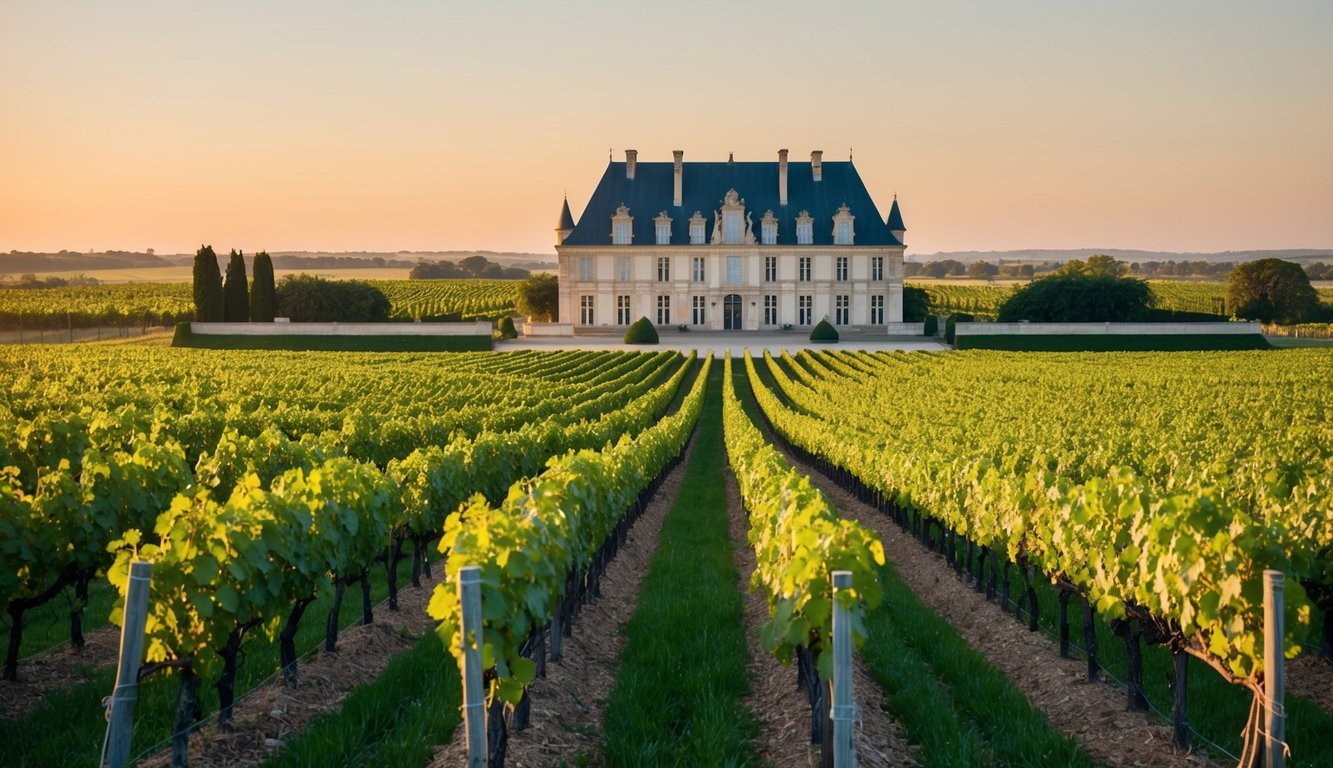 A vineyard with lush, green rows of biodynamic grapevines stretching towards the horizon, with the grand Château Maris La Touge standing proudly in the background