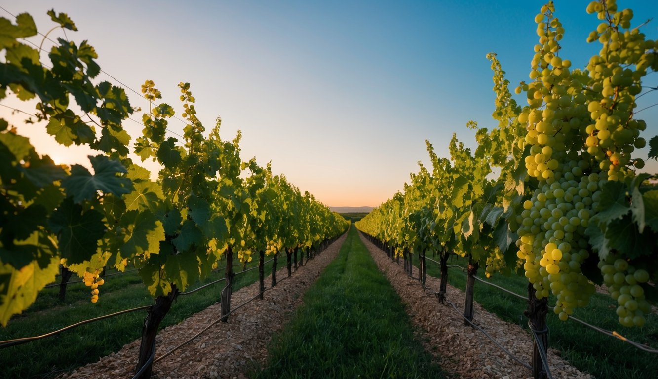 A vineyard at sunset with rows of biodynamic grapevines, a clear blue sky, and a gentle breeze