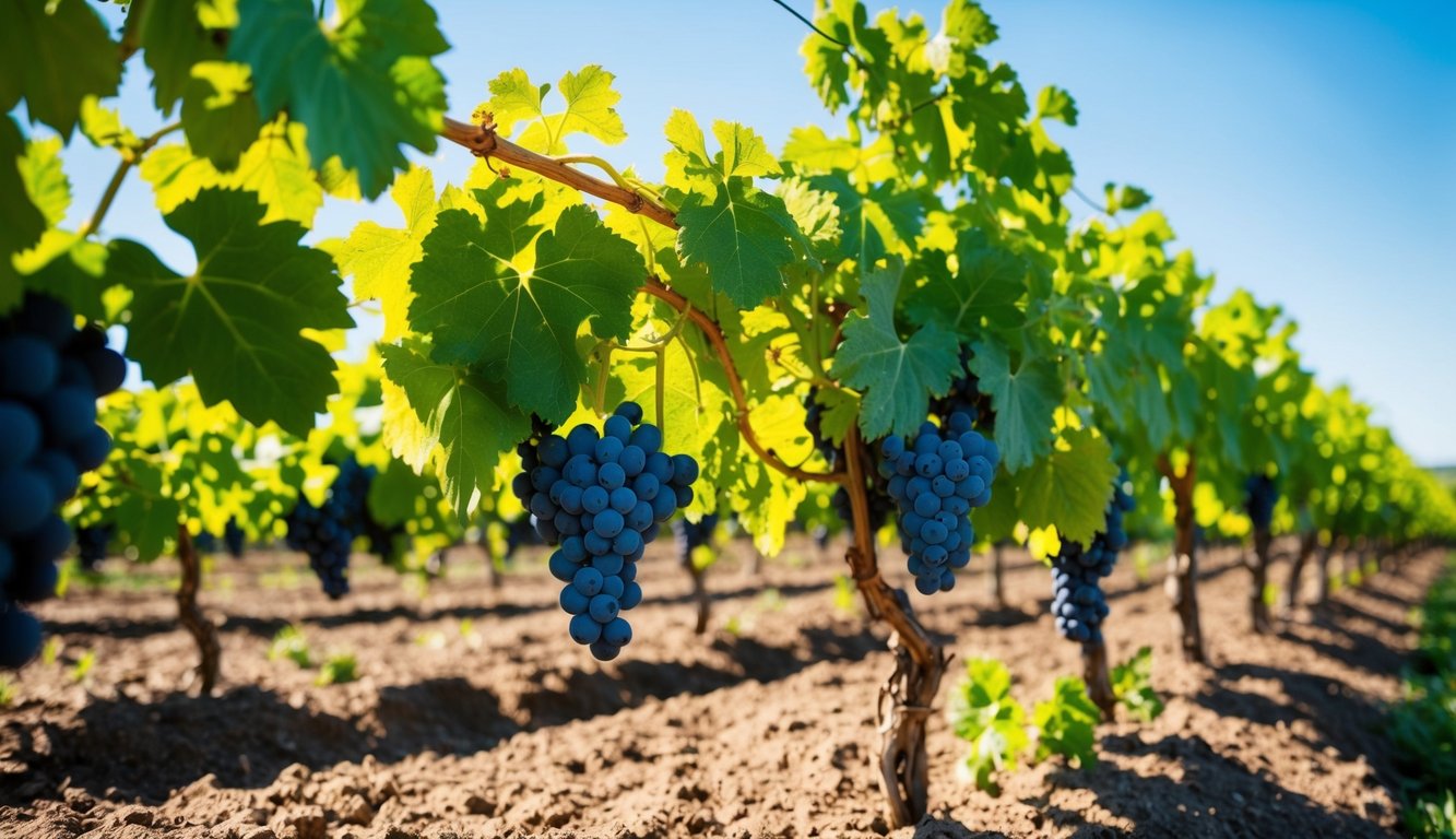 A lush vineyard with vibrant, healthy grapevines growing in rich, nutrient-dense soil under the clear blue sky