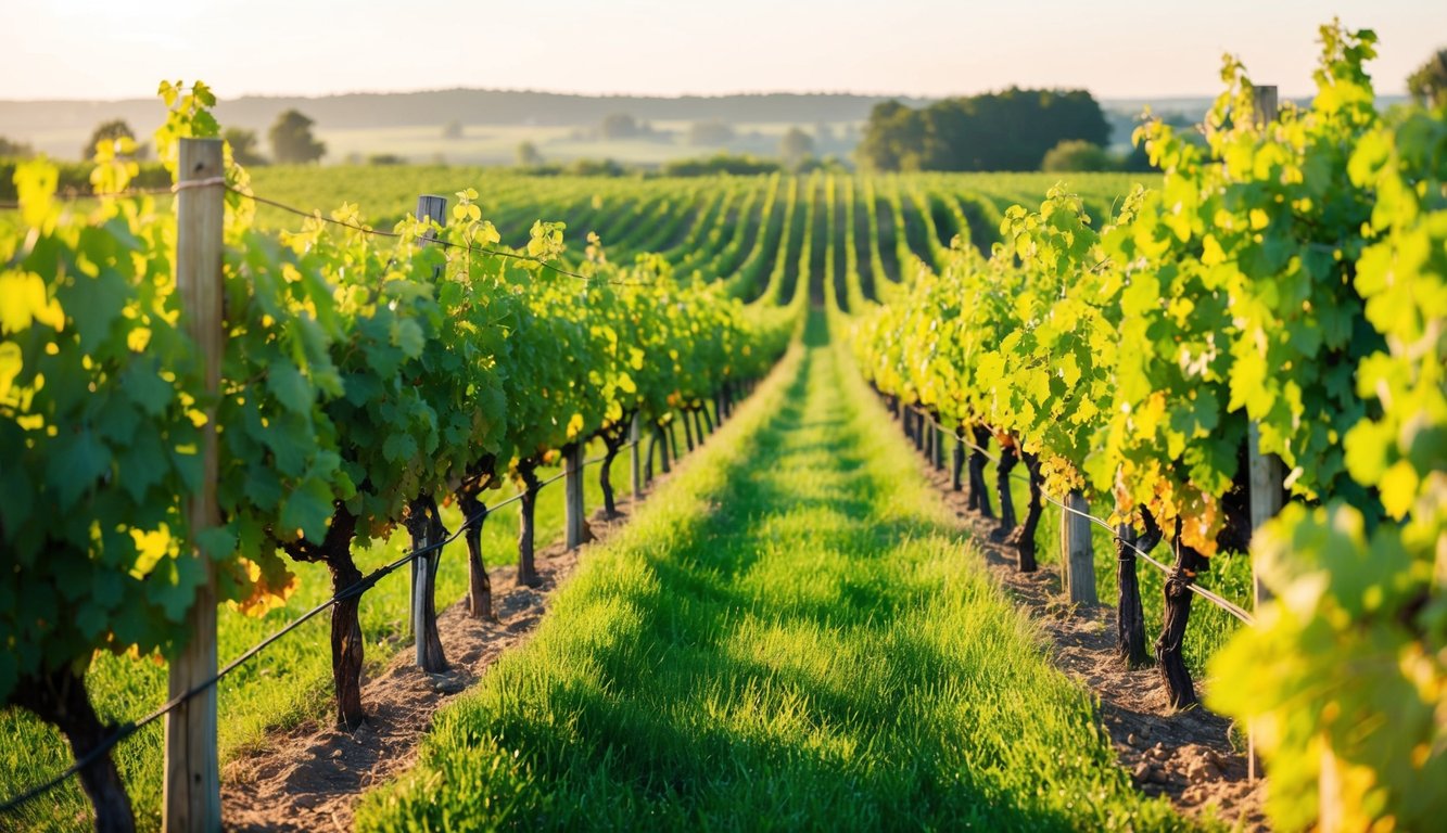 A lush vineyard with rows of healthy, vibrant grapevines, bathed in warm sunlight, surrounded by a peaceful and serene natural landscape