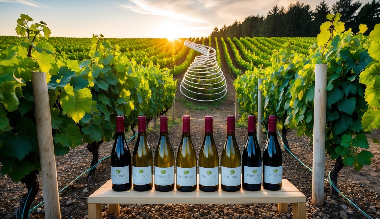 A lush vineyard with spiraling cowhorn structures, surrounded by 36 biodynamic grapevines. Eight bottles of wine displayed for a health-conscious audience