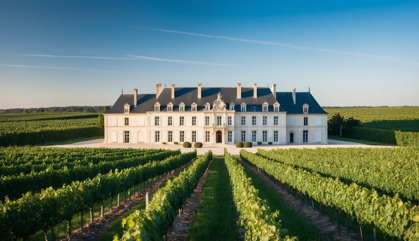 A grand chateau surrounded by lush vineyards, with rows of grapevines stretching into the distance under a clear blue sky