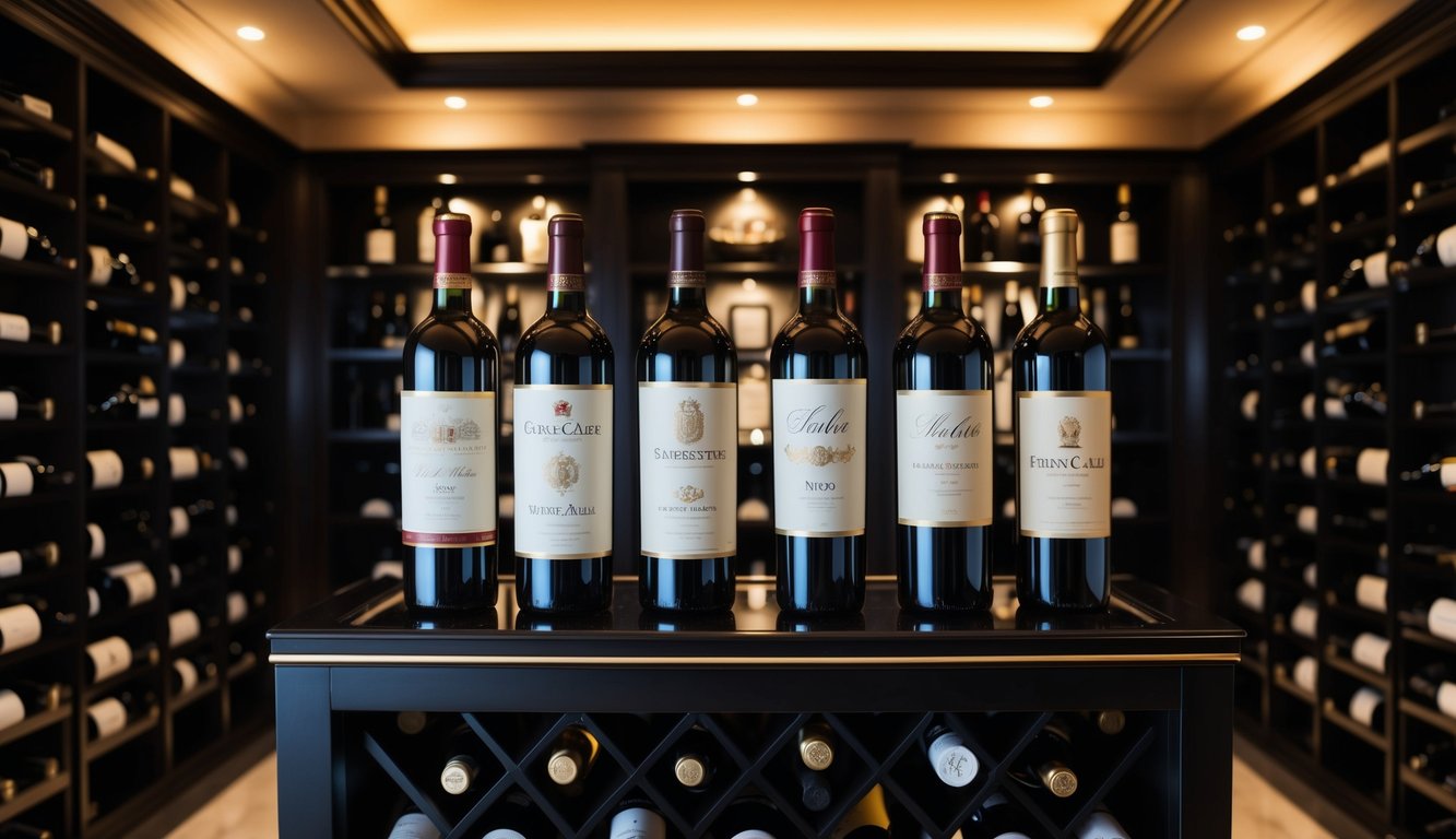 A grand wine cellar with five exclusive wine labels displayed on elegant racks, surrounded by dim lighting and luxurious decor