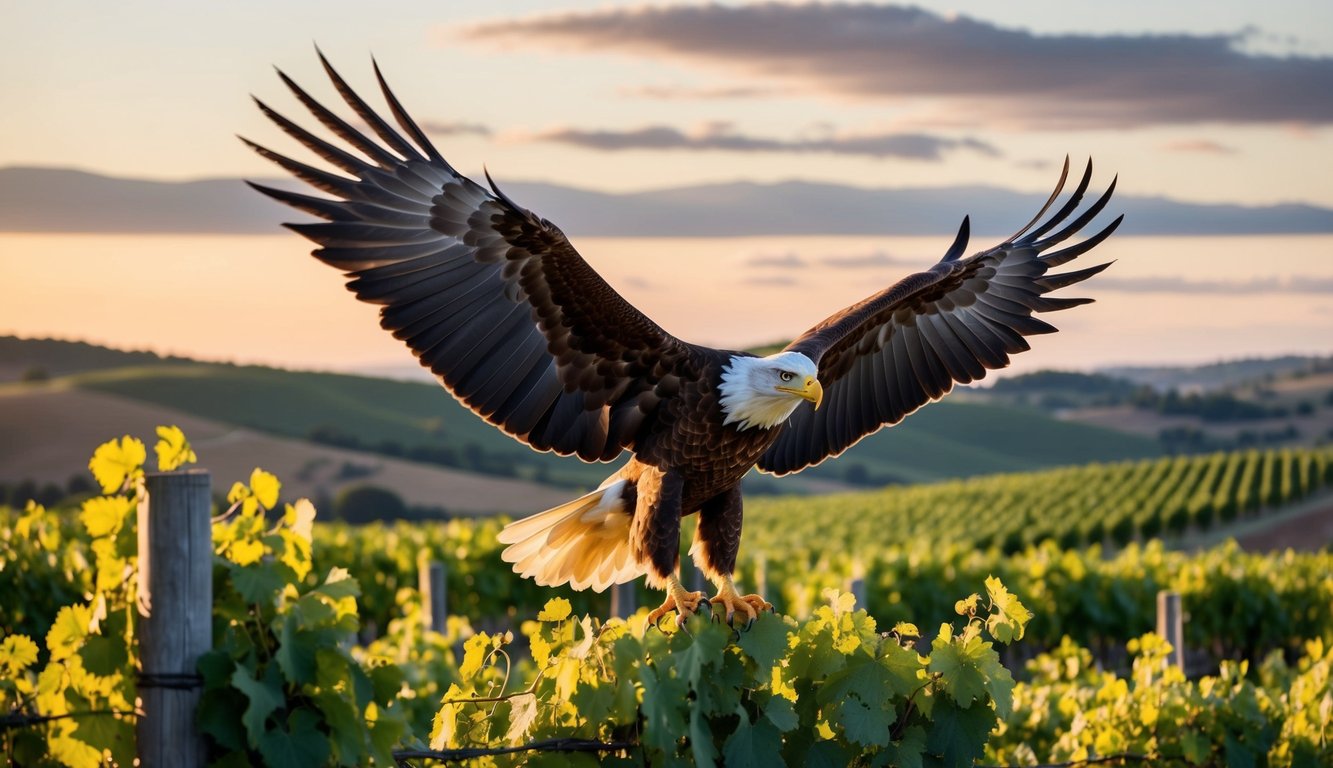 A regal eagle with outstretched wings perched on a vineyard hill, surrounded by lush grapevines and a backdrop of rolling hills and a sunset sky