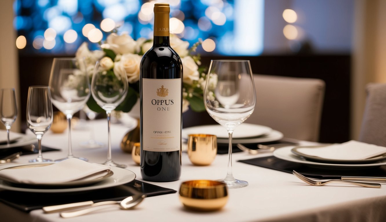 A luxurious table setting with Opus One wine bottle, elegant glassware, and a sophisticated ambiance for a special occasion