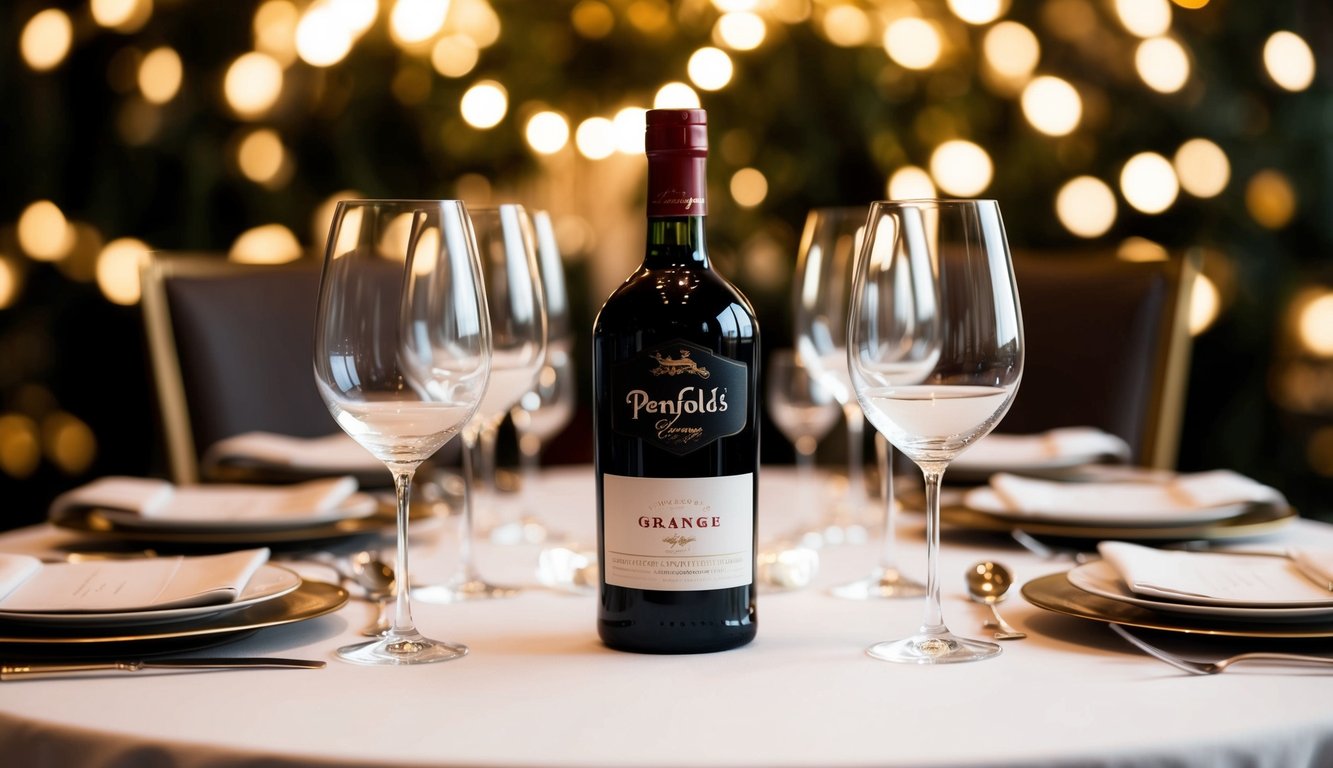 A lavish table setting with a bottle of Penfolds Grange as the centerpiece, surrounded by elegant wine glasses and a backdrop of luxury