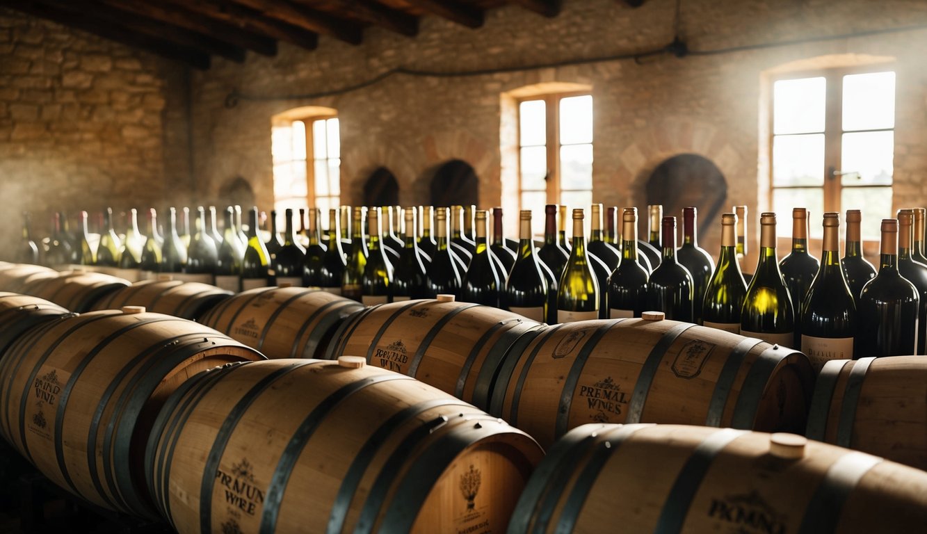 A cellar filled with rows of aging wine barrels, each labeled with one of the top 10 premium wine brands. Sunlight filters through small windows, casting a warm glow on the dusty bottles