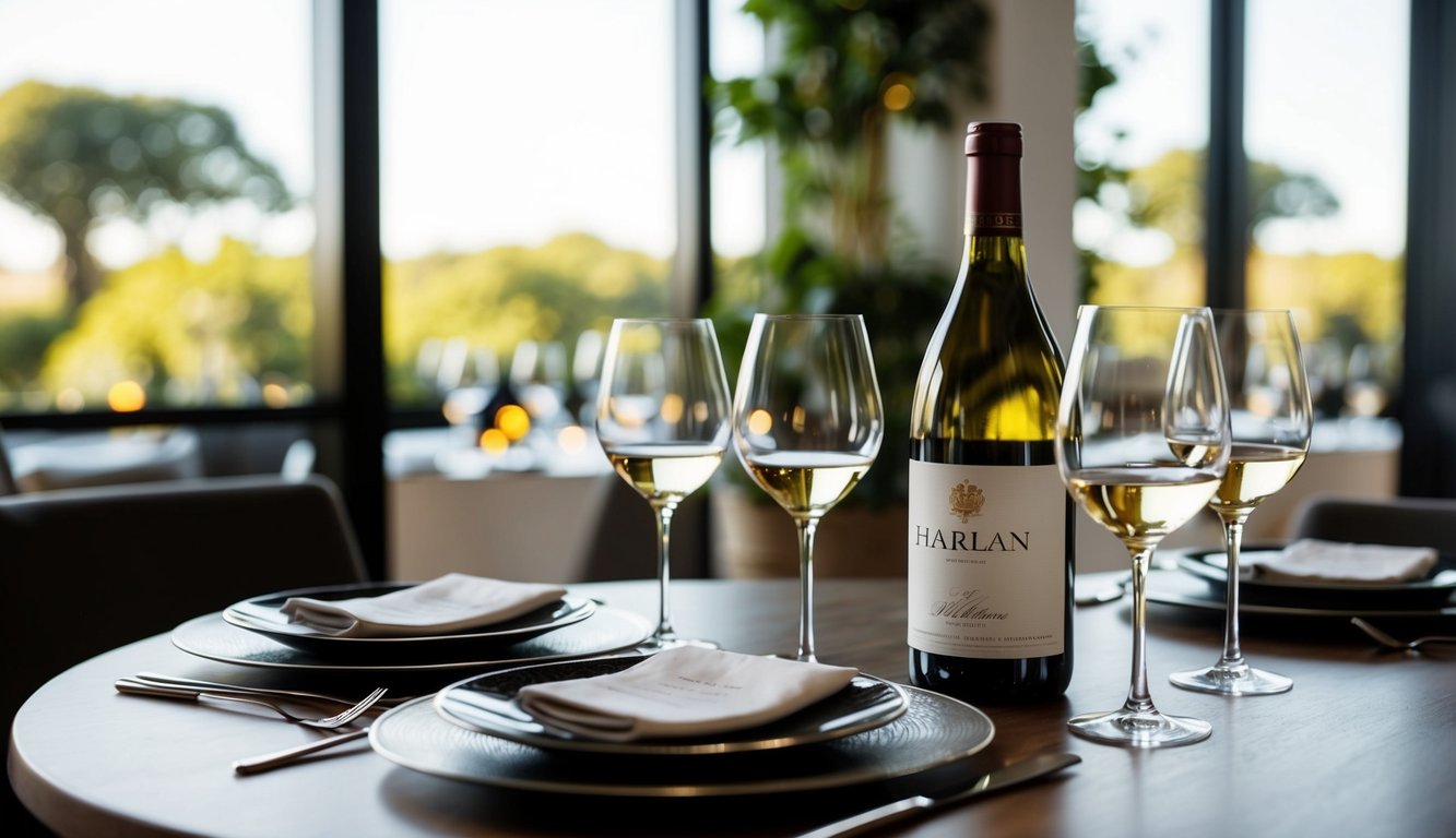 A luxurious table setting with elegant wine glasses, a bottle of Harlan Estate wine, and a sophisticated ambiance