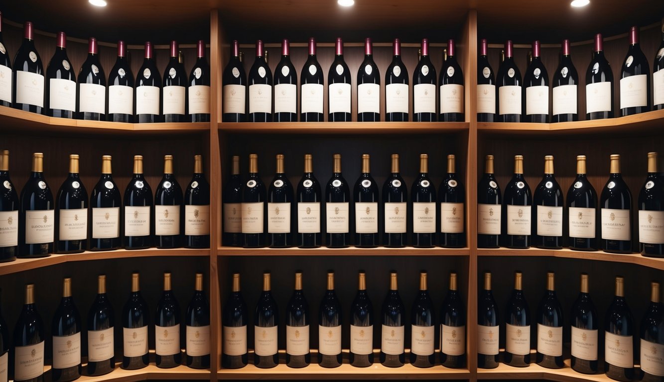 A luxurious wine cellar with rows of prestigious Domaine de la Romanée-Conti bottles displayed on elegant wooden shelves, illuminated by soft ambient lighting