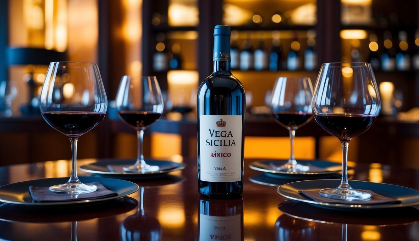 A luxurious bottle of Vega Sicilia Único wine sits on a polished wooden table, surrounded by elegant wine glasses and a dimly lit, upscale ambiance