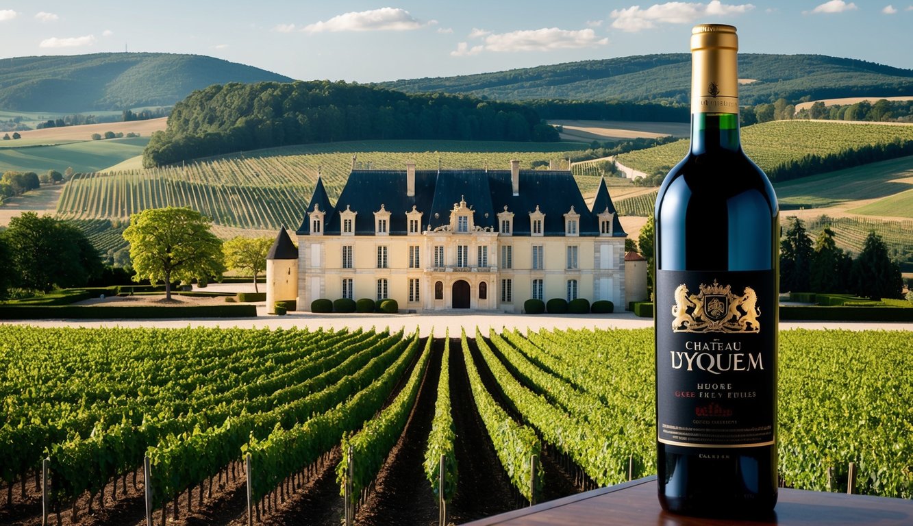 A grand château with vineyards, rolling hills, and a sense of elegance and luxury. A bottle of Château d'Yquem wine is prominently displayed