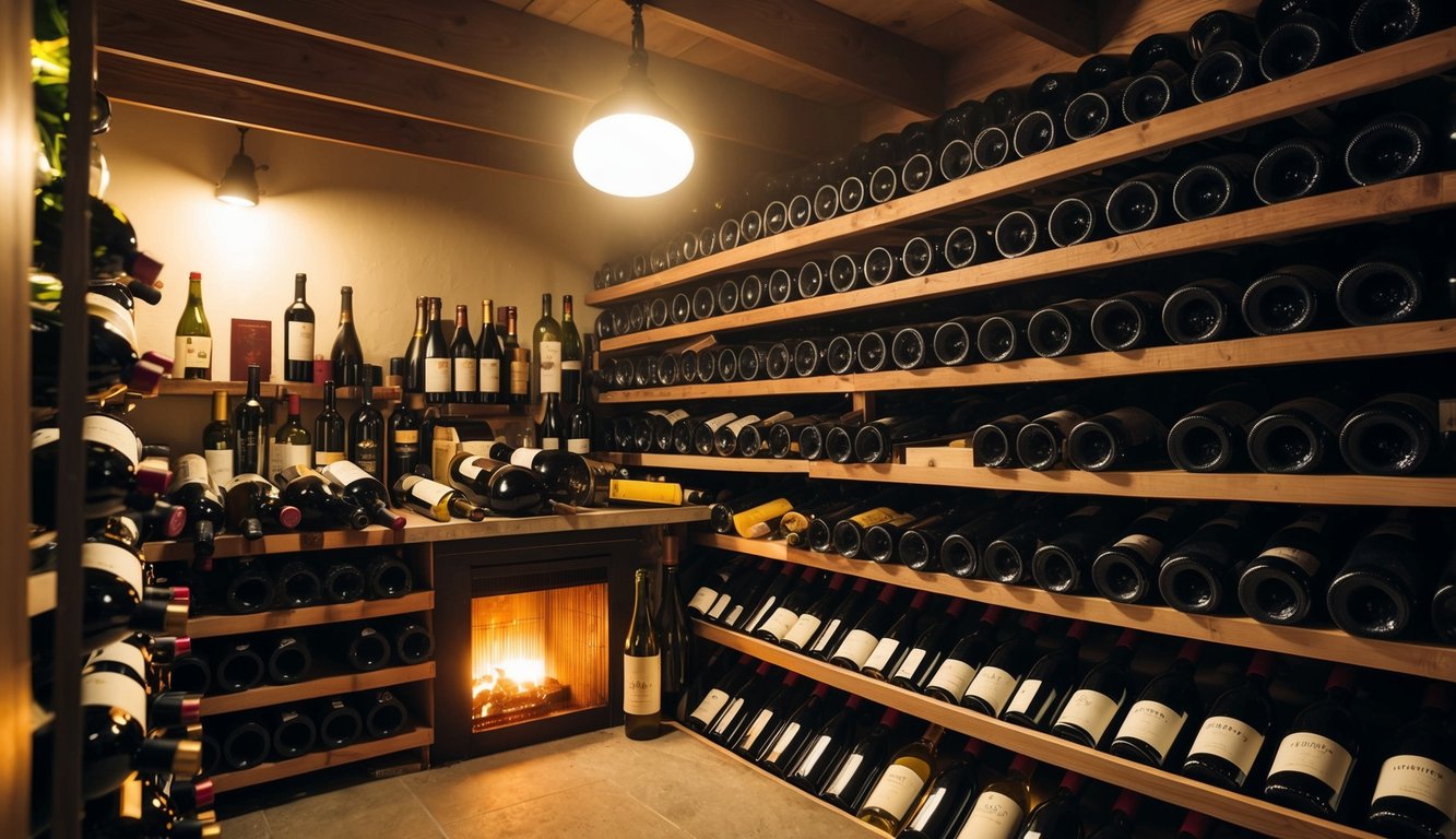 A cluttered wine cellar with bottles stacked haphazardly, some placed near a heat source, while others are exposed to direct sunlight